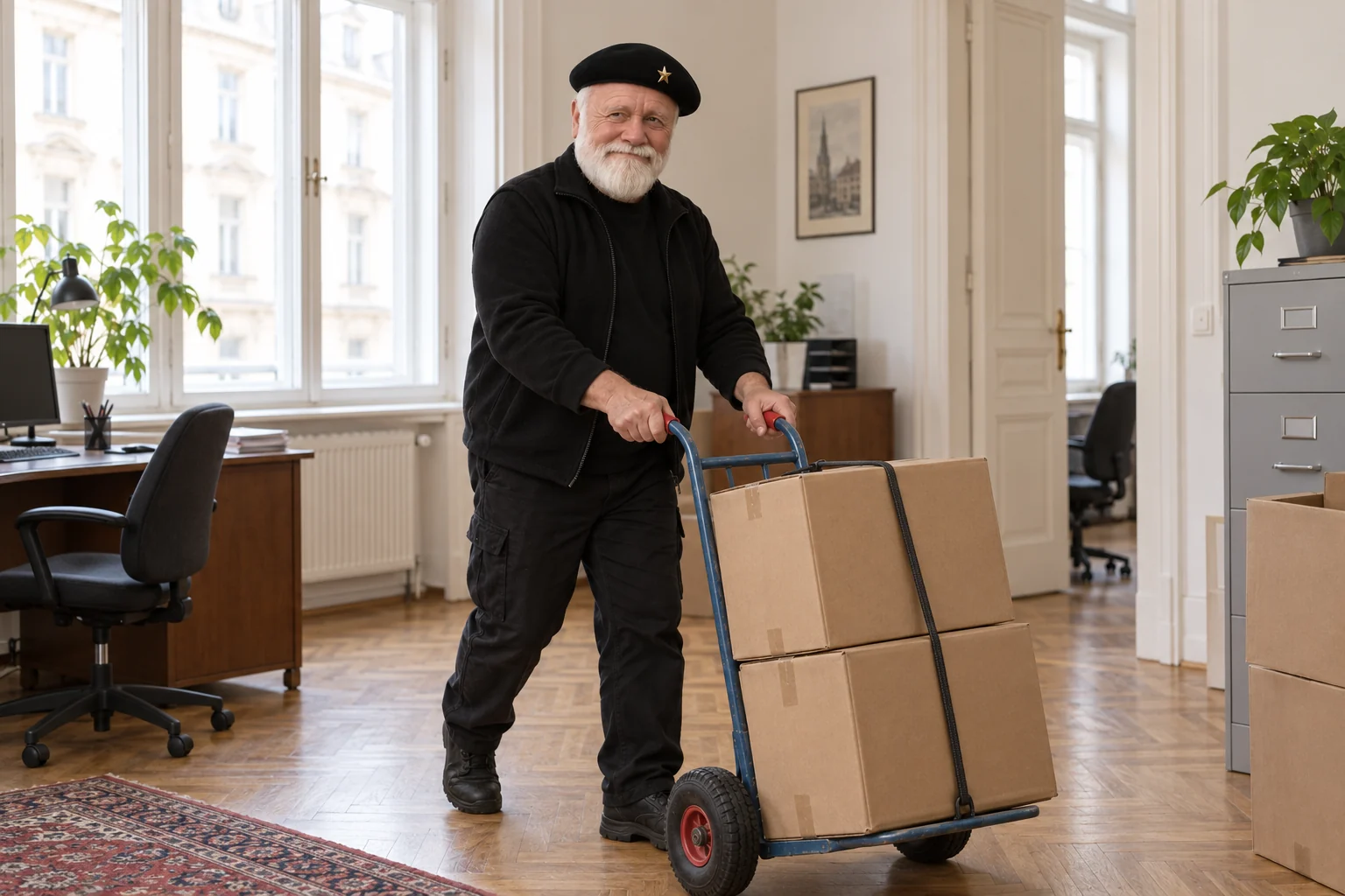 Symbolbild: Mann mit weißem Bart transportiert gesicherte Kartons auf einer Sackkarre im Büro.