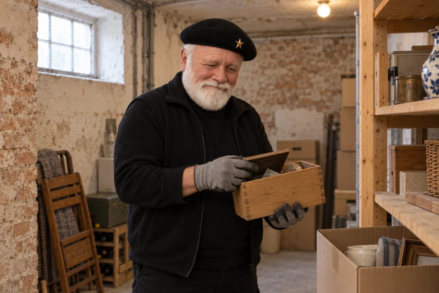 Symbolbild: Mann mit Baskenmütze und Arbeitshandschuhen sortiert eine Holzkiste im Keller.