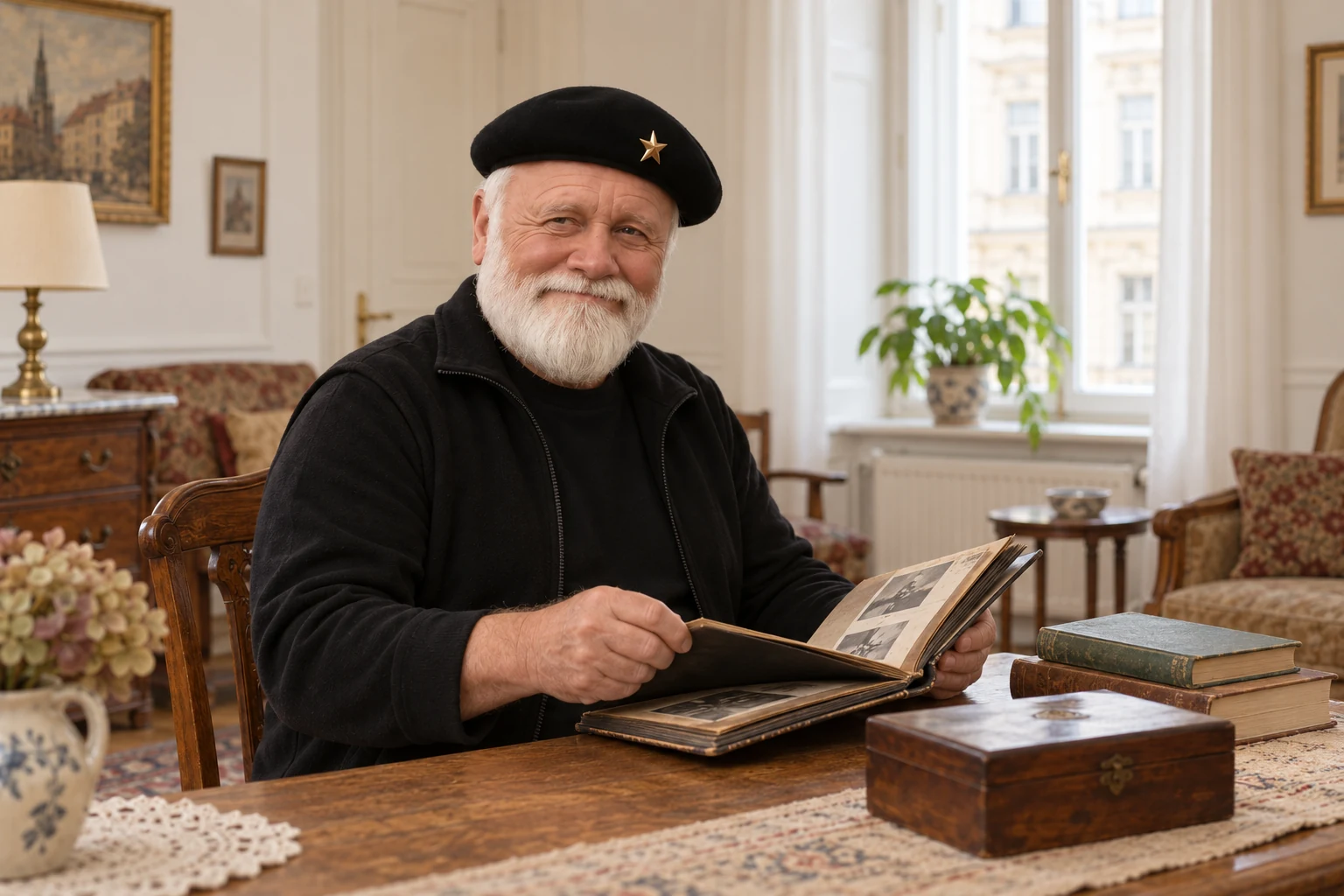 Symbolbild: Mann mit weißem Bart betrachtet ein Fotoalbum am Holztisch.