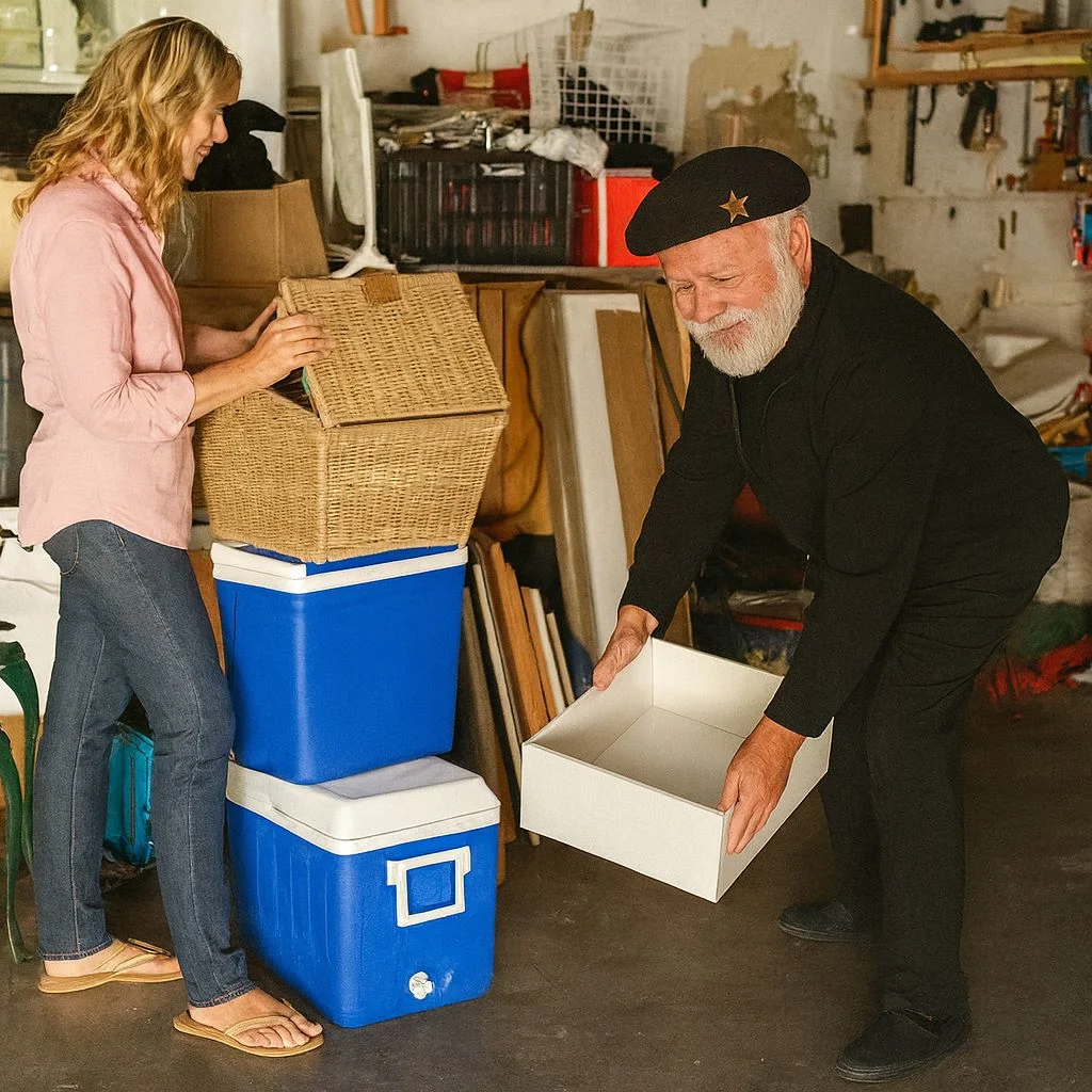Entrümpelung in Garage mit Kisten und Werkzeug