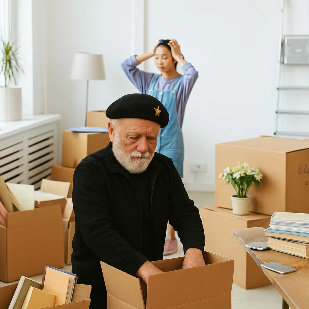 Ein Mann packt Gegenstände